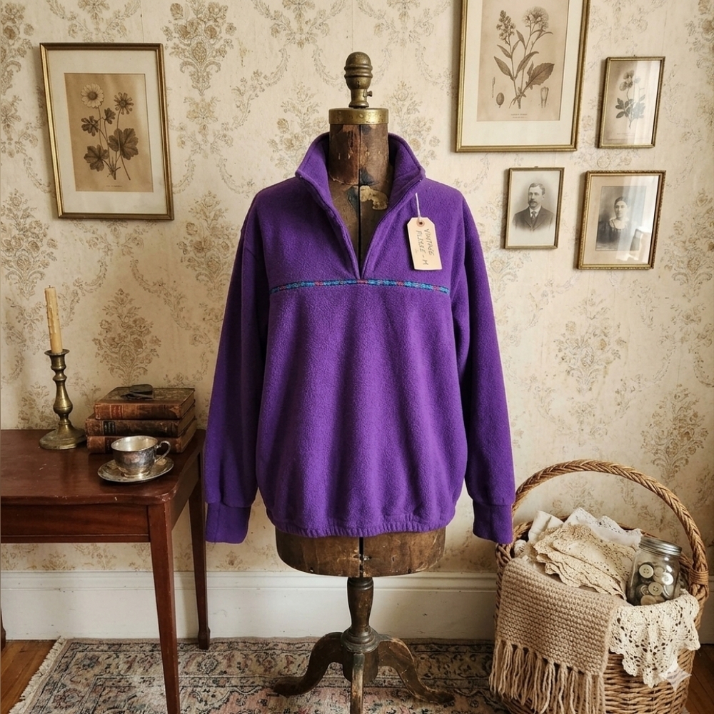 Handmade Thick Fleece Pullover | Purple | Elastic Hem & Cuffs | L
